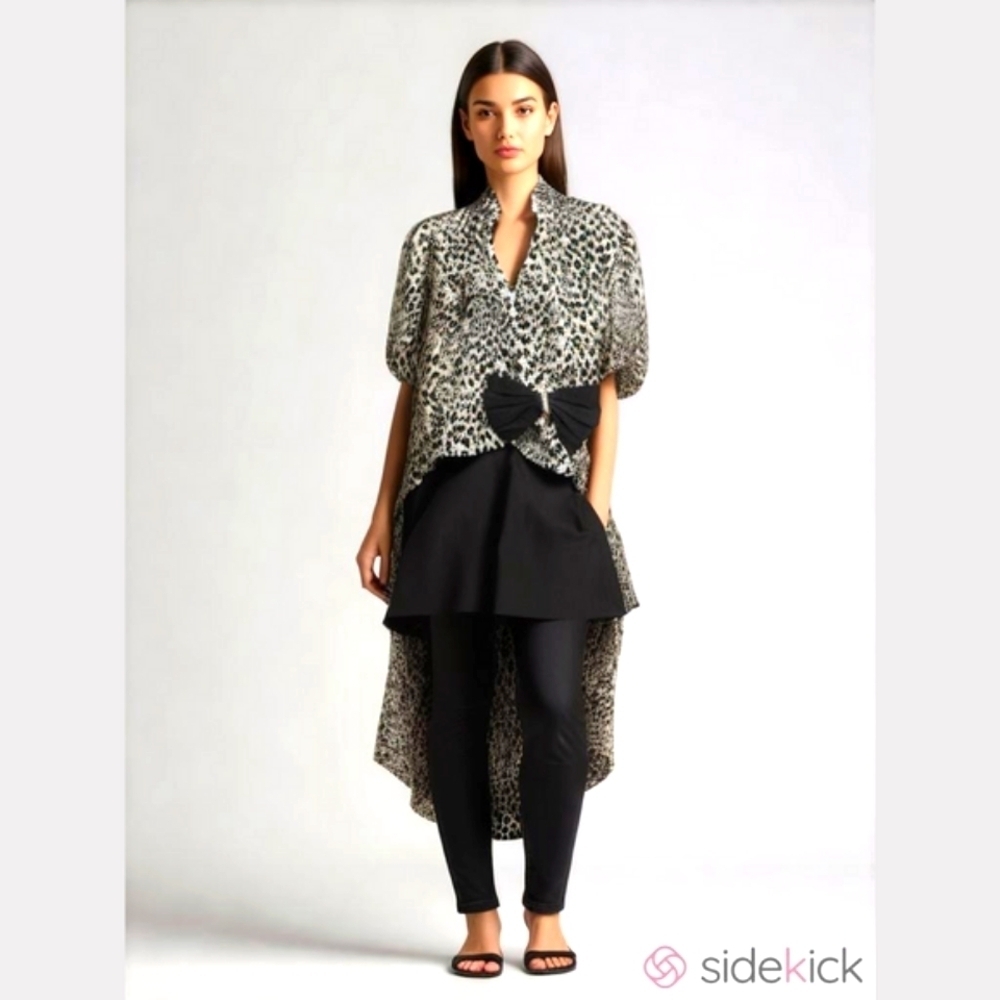Chic Black Leopard Print Peplum Bow Detail Blazer Womens XL